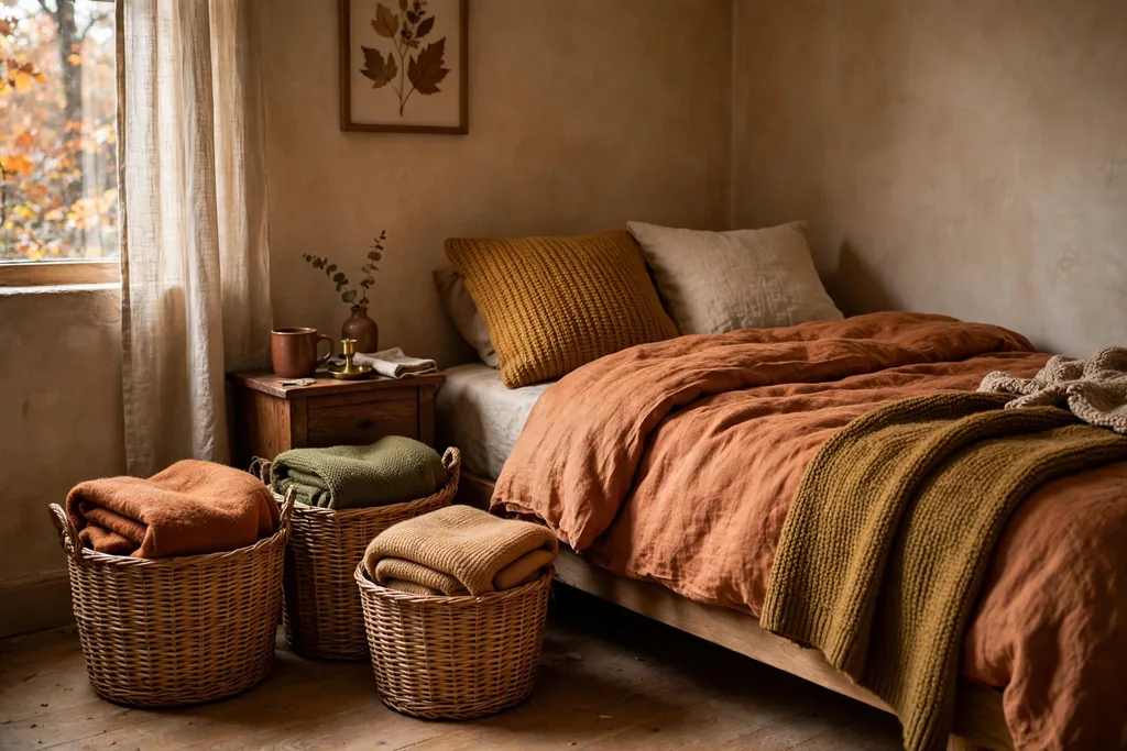 Woven baskets holding folded throws beside a bed.