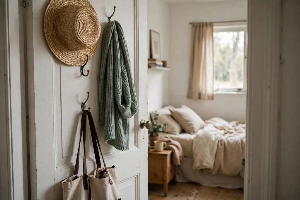 Back of a bedroom door with hooks holding a bag and scarf.
