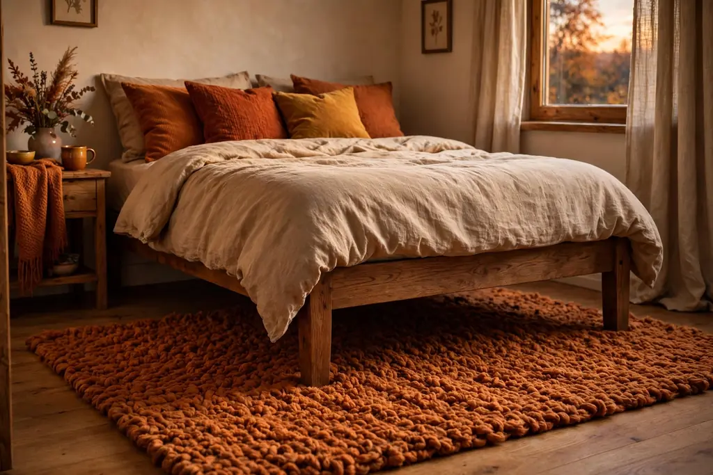 Small bedroom with a warm rug under the bed and autumn cushions.