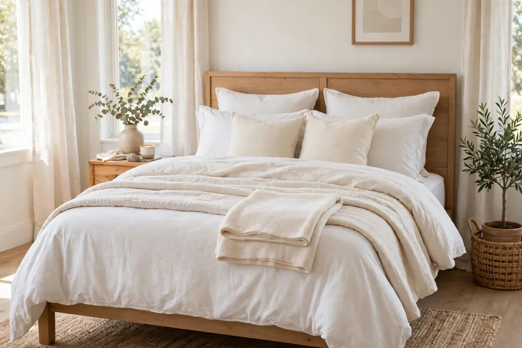 A bed dressed with layered white and cream bedding, a folded throw at the foot, and soft pillows.