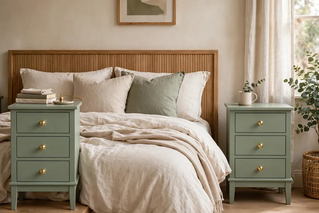 A pair of freshly painted sage green nightstands with new brass knobs beside a bed.