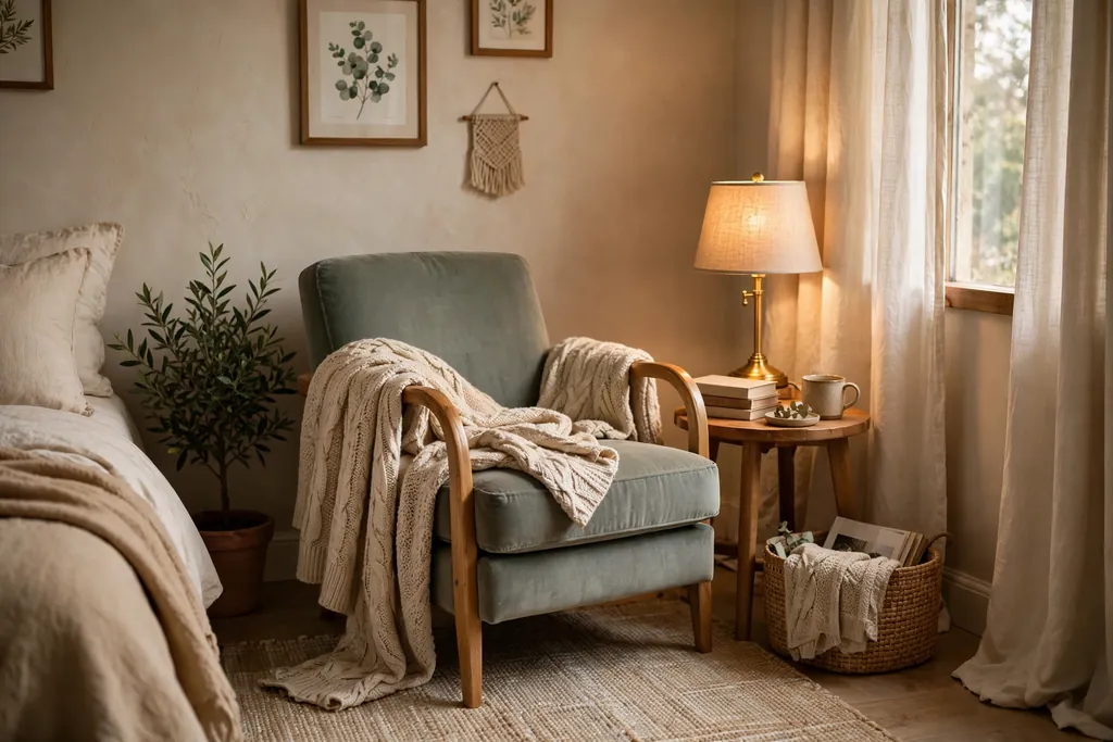 A cozy bedroom reading corner with an armchair, a small side table, a lamp, and a throw.