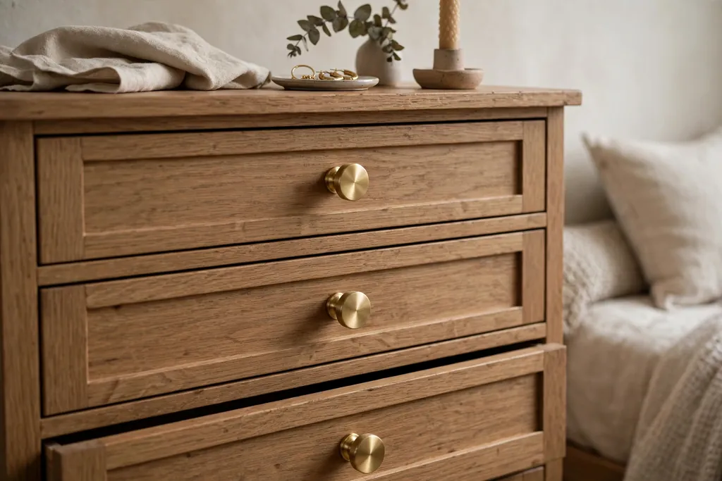 A close view of a bedroom dresser with new brushed brass drawer knobs.