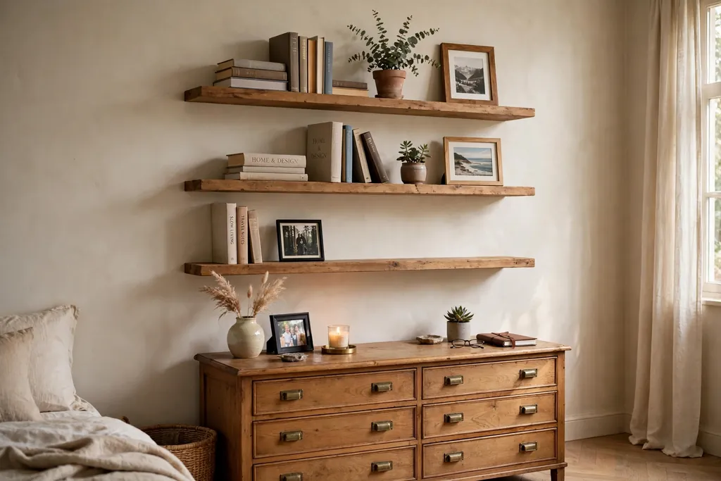Floating wooden shelves above a bedroom dresser holding books, a small plant, and framed photos.