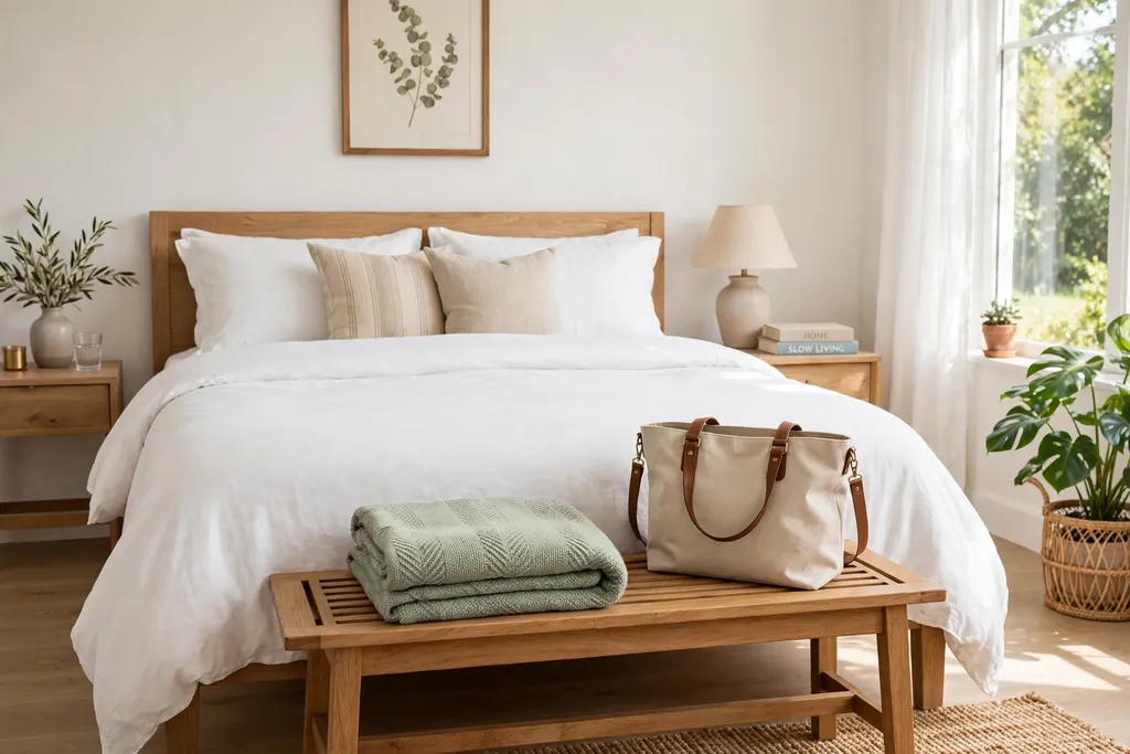 A wooden bench at the foot of a bed holding a folded throw and a bag.