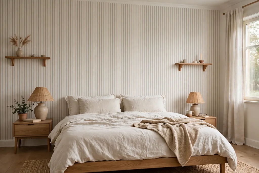 A bedroom bed wall covered in subtle striped peel and stick wallpaper behind the bed.
