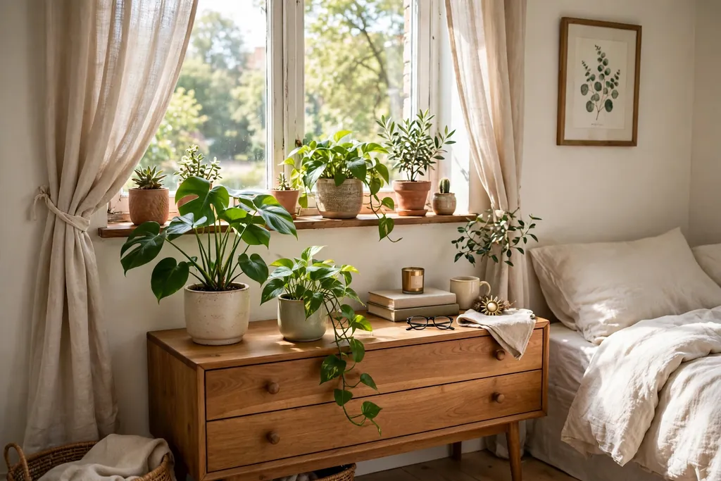 Potted green plants on a bedroom windowsill and dresser in daylight.