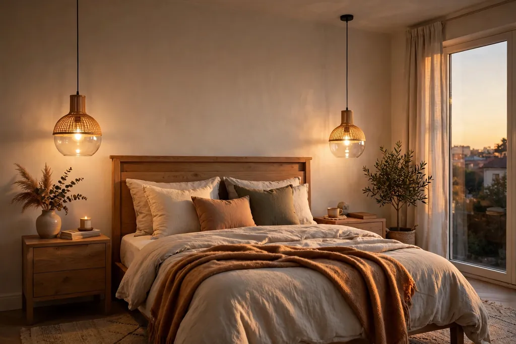 A bedroom bed with a pair of pendant lights hanging on either side of the headboard.