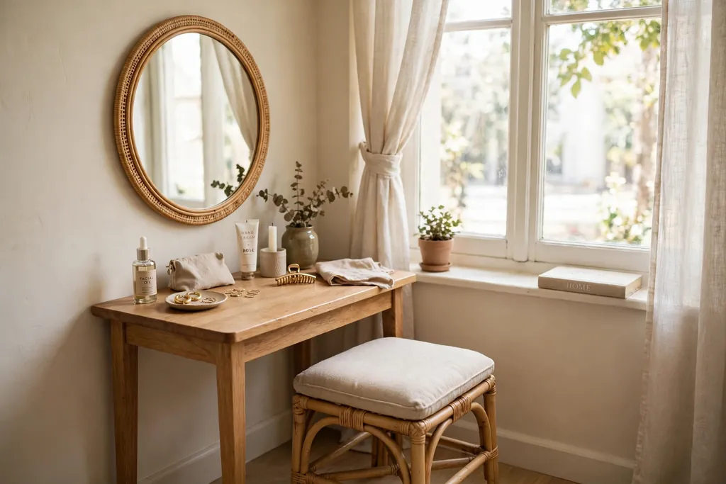 A small bedroom vanity corner with a table, a mirror, and a stool beside a window.