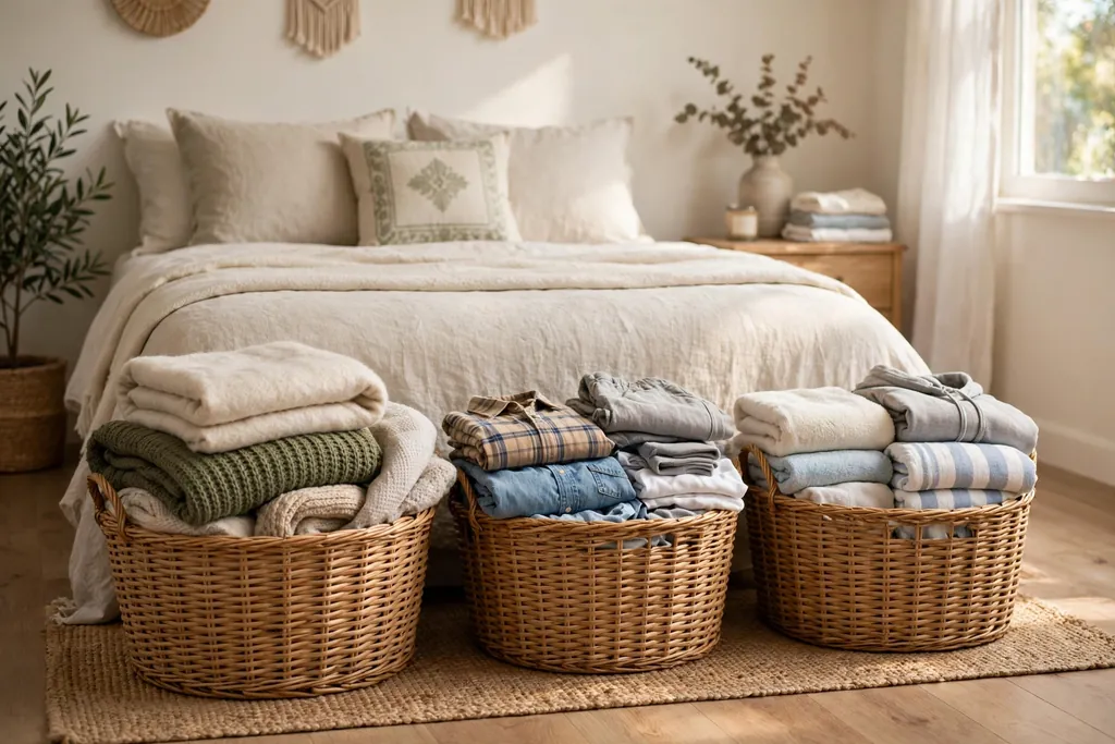 Woven baskets in a tidy bedroom holding blankets and laundry.