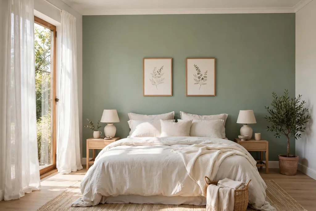 A bedroom with a sage green accent wall behind the bed and pale bedding.