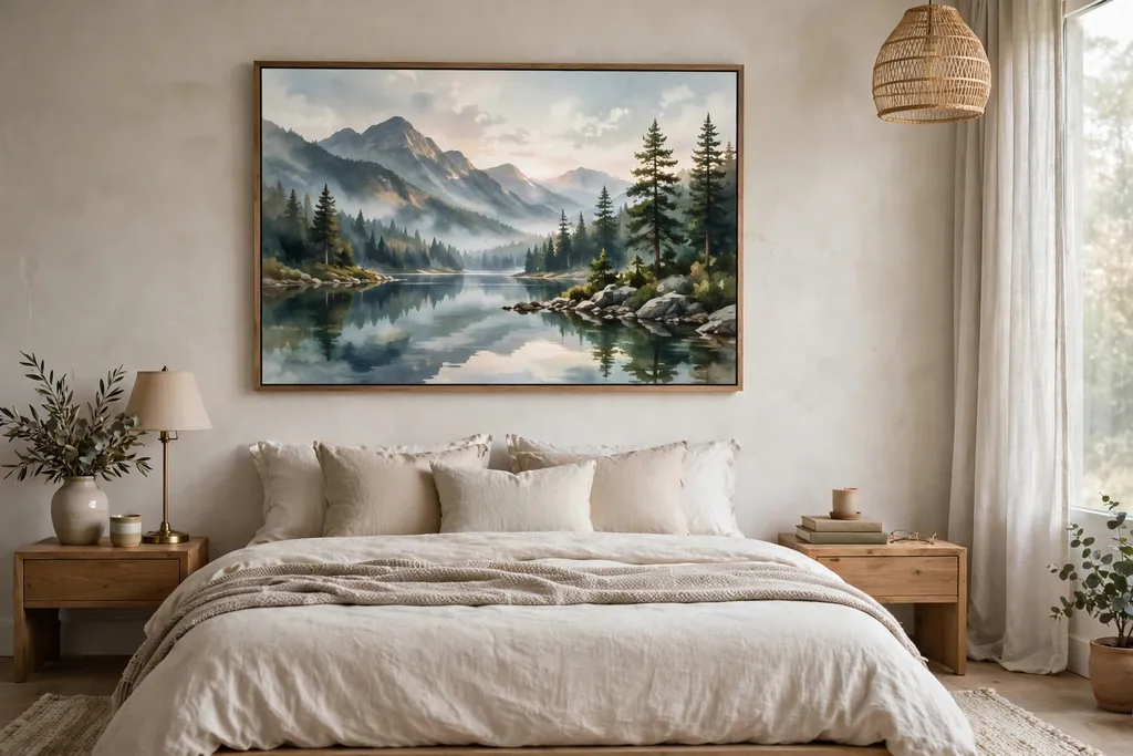 One large landscape artwork hanging above a bed in a calm bedroom.