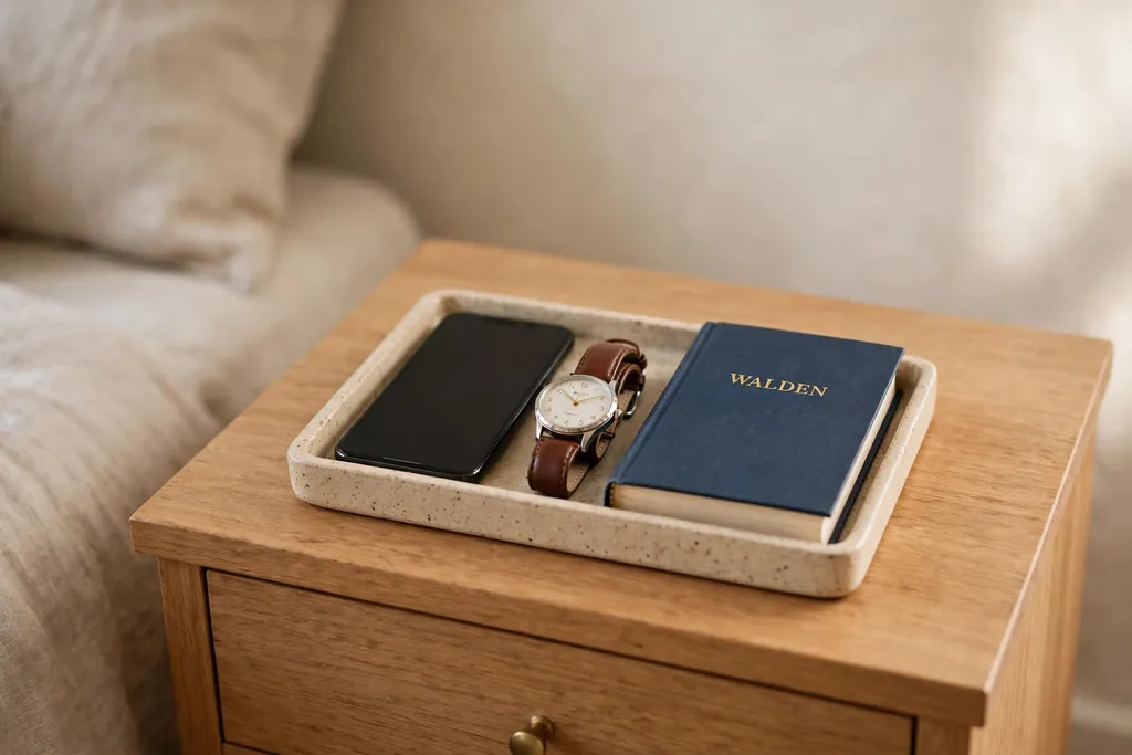 A tidy bedroom nightstand with a small tray holding a phone, a watch, and a book.