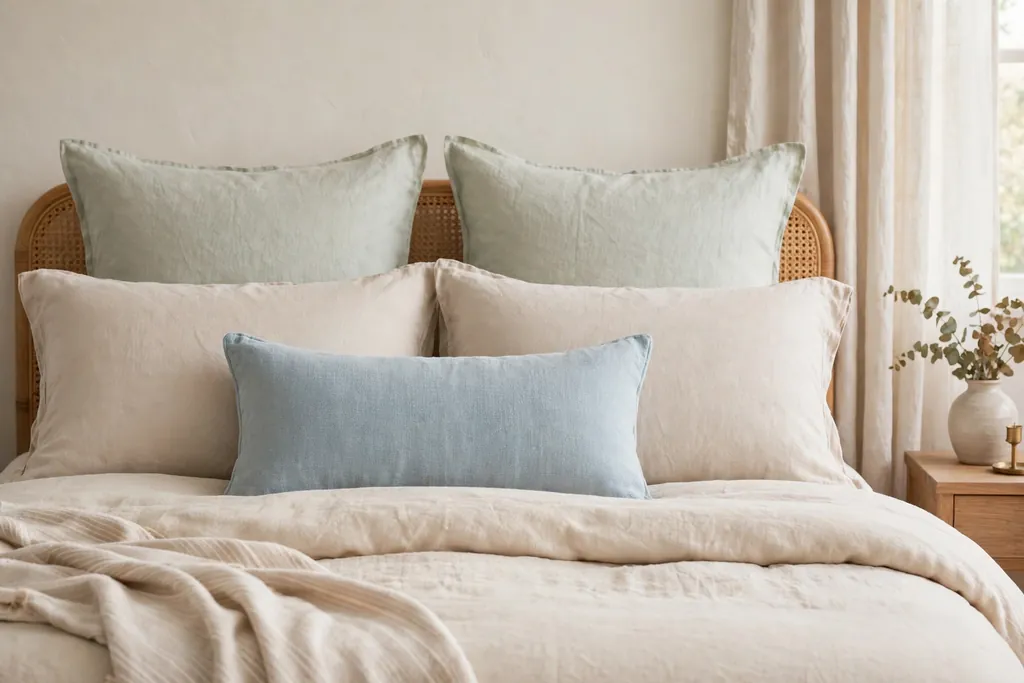 A bed styled with sleeping pillows, euro shams, and a lumbar pillow in soft colors.