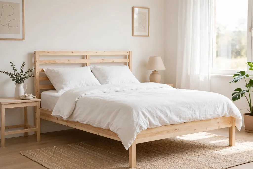 A simple light wooden bed frame with white bedding in a bright bedroom.