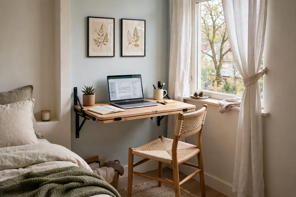 A small bedroom work nook with a fold down desk, a chair, and a laptop.