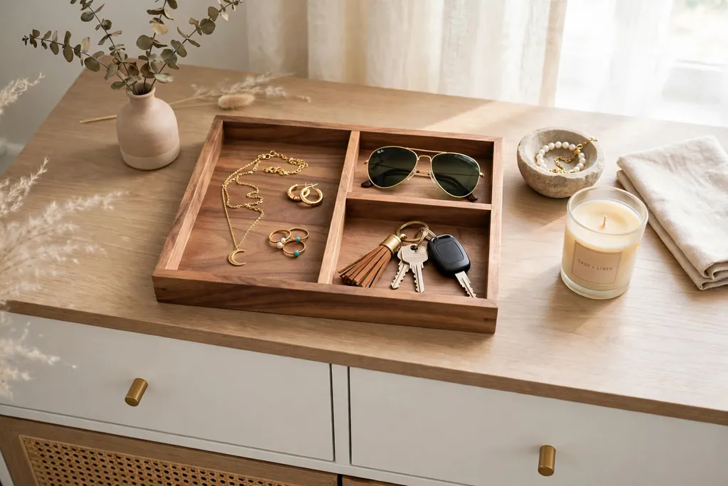 A bedroom dresser top with a wooden tray holding jewelry, keys, and sunglasses.