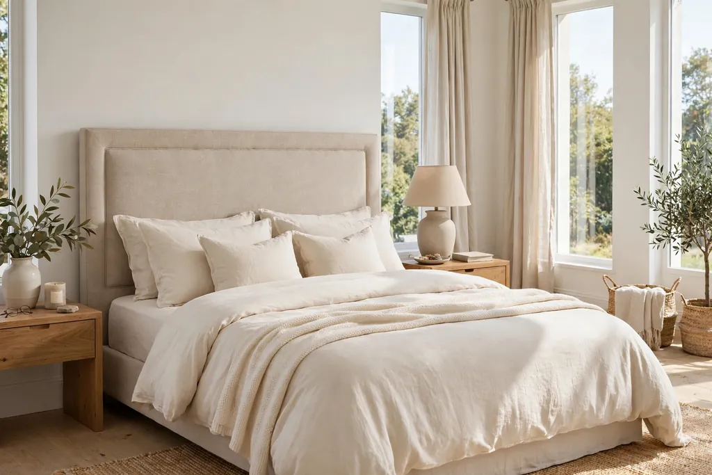 A bed with a new beige linen upholstered headboard and cream bedding.