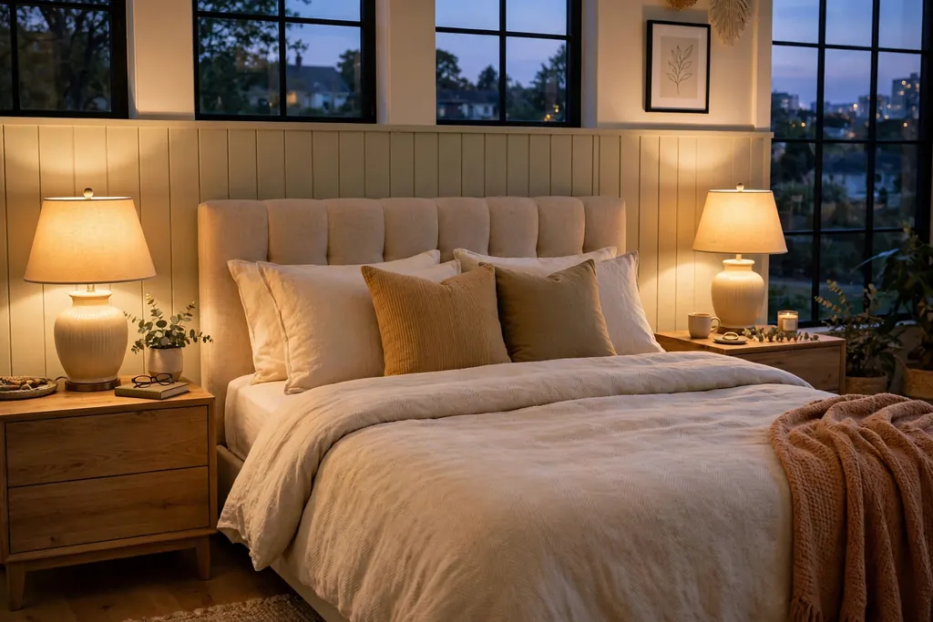 A bedroom with matching warm bedside lamps glowing on both nightstands beside the bed.