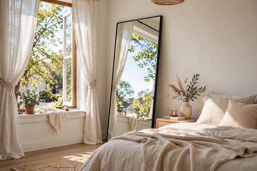 A tall mirror leaning against a bedroom wall near a window, reflecting daylight.