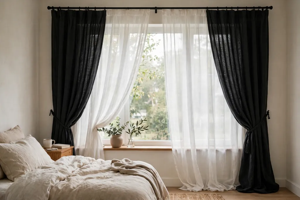 A bedroom window dressed with sheer white curtains and heavier blackout drapes.