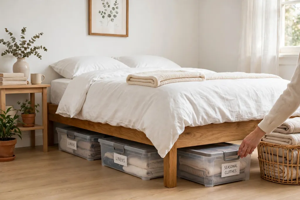 Flat storage boxes sliding under a bed in a tidy bedroom.