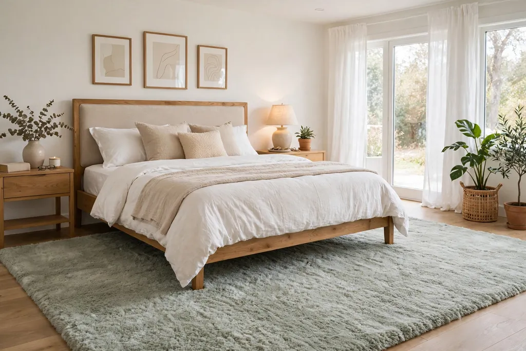 A large soft rug under a bed extending past both sides and the foot of the bed.