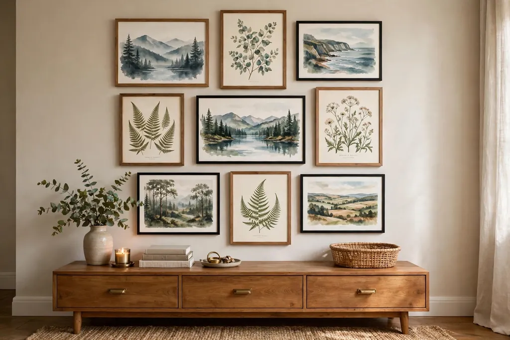 A bedroom gallery wall of framed landscape and botanical prints above a dresser.