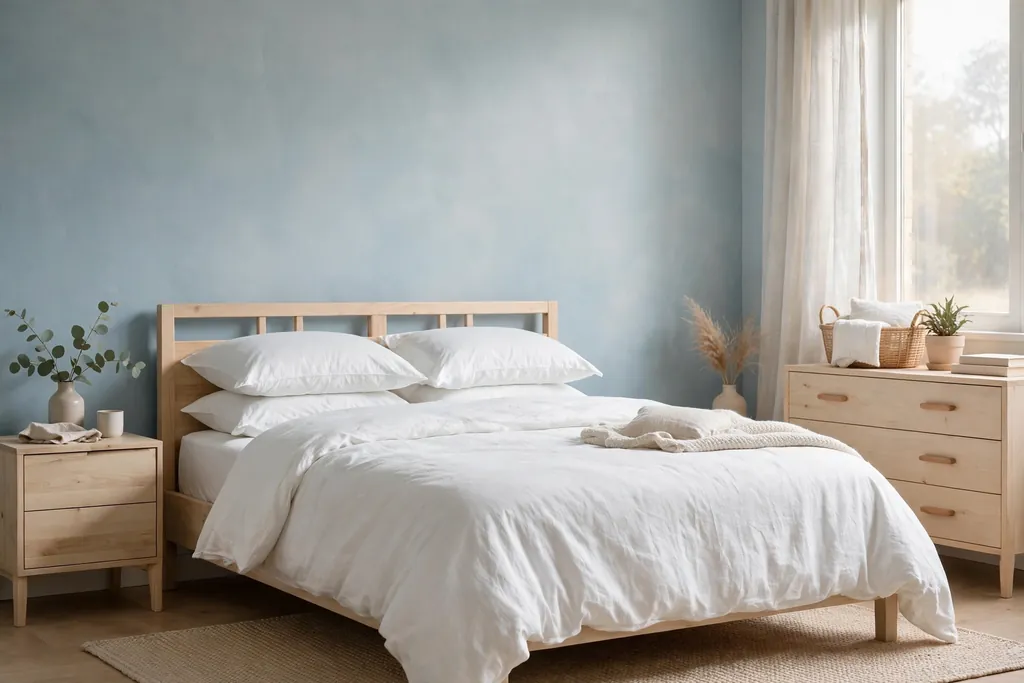 Bedroom with soft misty blue walls, white bedding, and pale wood furniture.