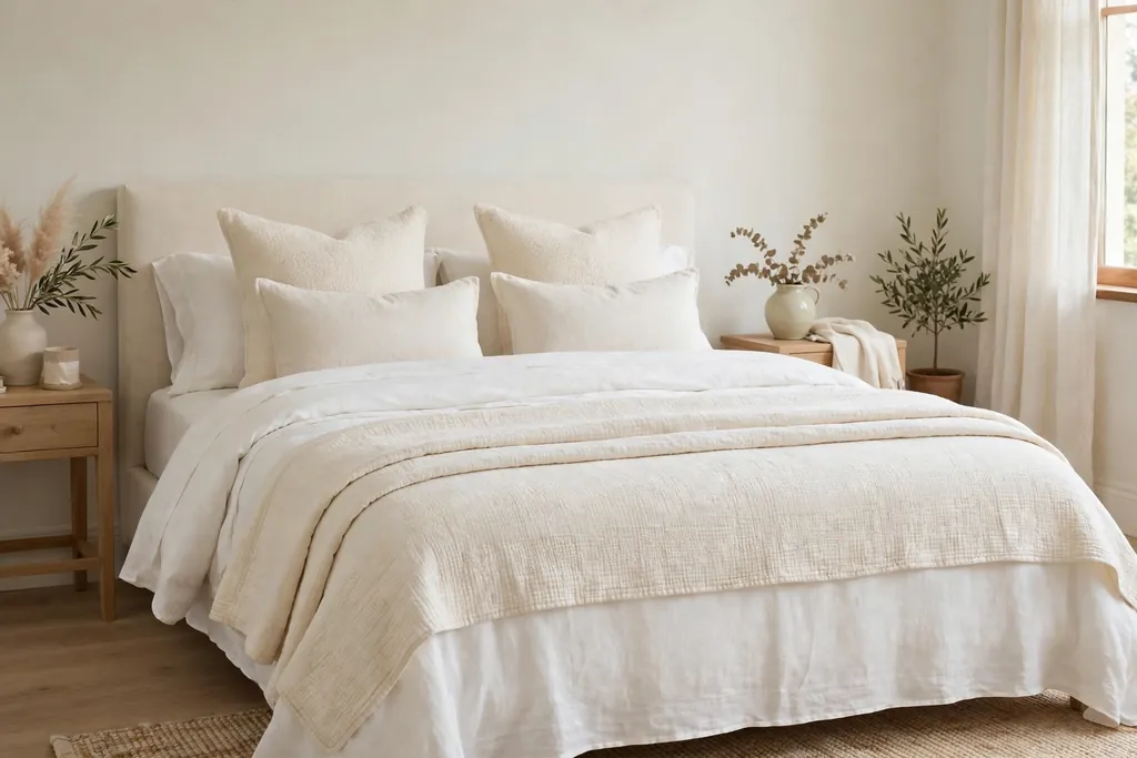 Bed with layered white and cream bedding and a folded coverlet.