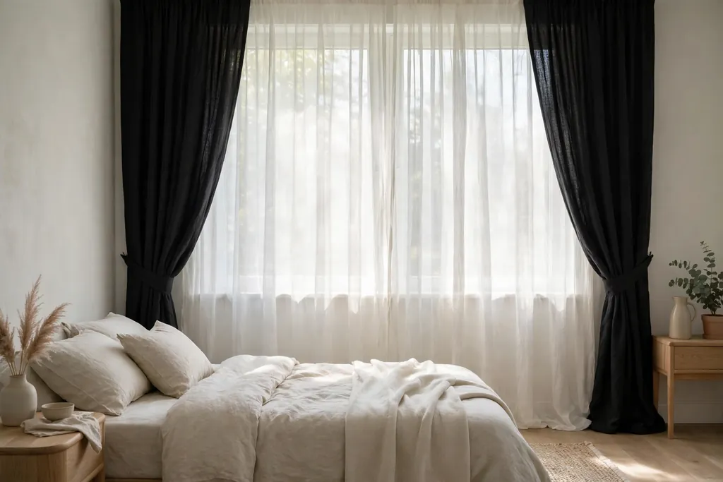 Bedroom window with sheer white curtains layered over blackout panels.