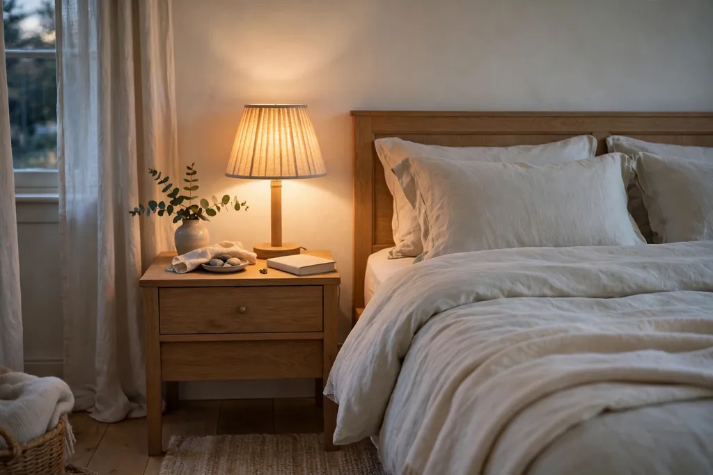 Bedroom bedside table with a warm glowing dimmable lamp beside a bed.