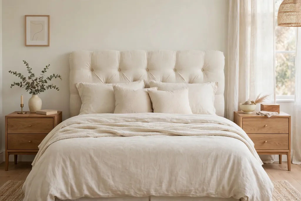 Bed with a soft cream upholstered headboard and pale bedding.