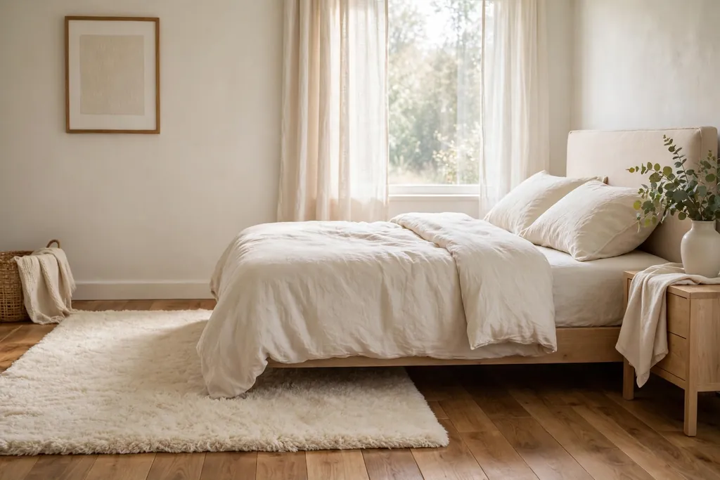 Bedroom with a plush cream rug layered over wood flooring beside a bed.
