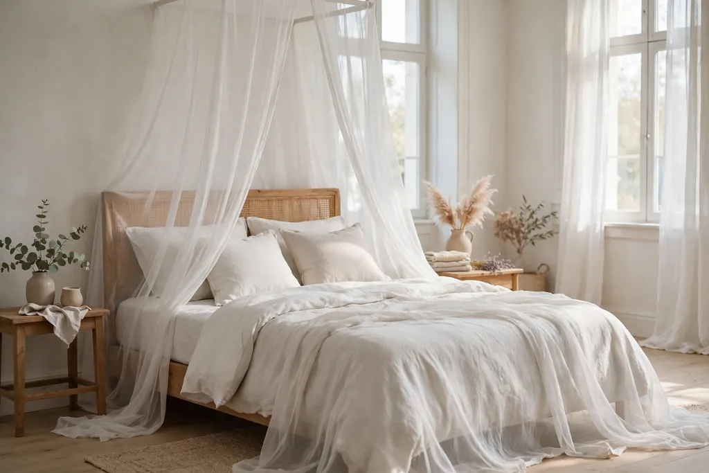 Bed with a light sheer canopy draped over the bed in a dreamy bedroom.