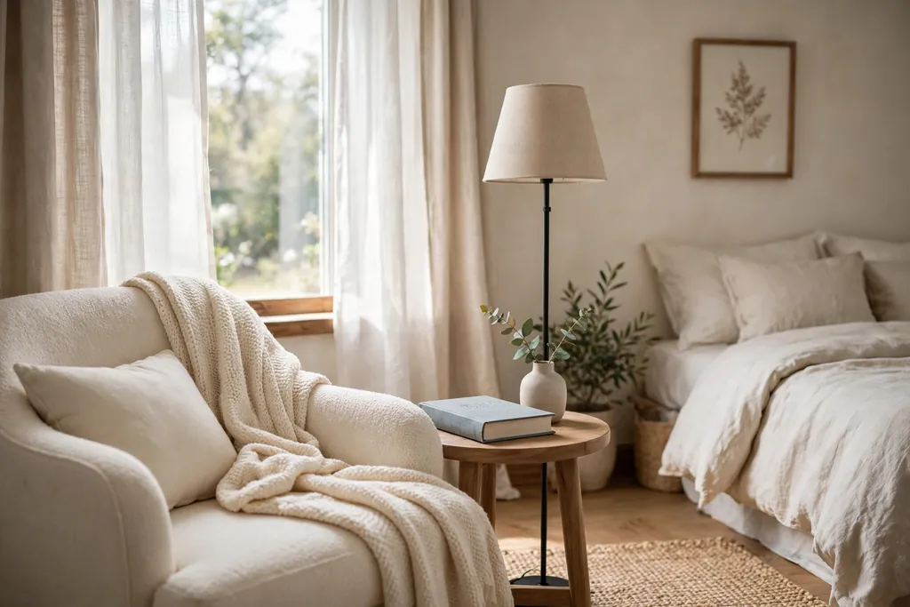 Bedroom window reading corner with a soft armchair, side table, and lamp.