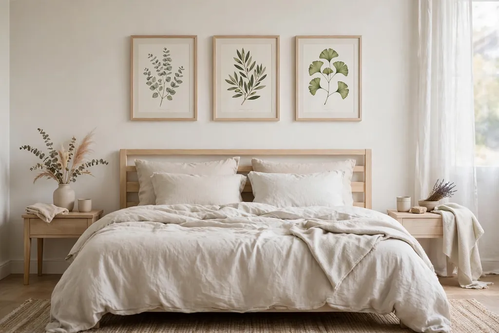 Bedroom wall with framed botanical prints above a bed with pale bedding.