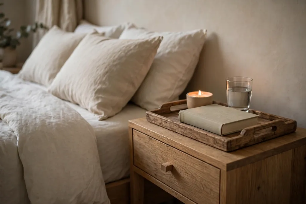 Bedroom nightstand with a wooden tray holding a book and a small candle.