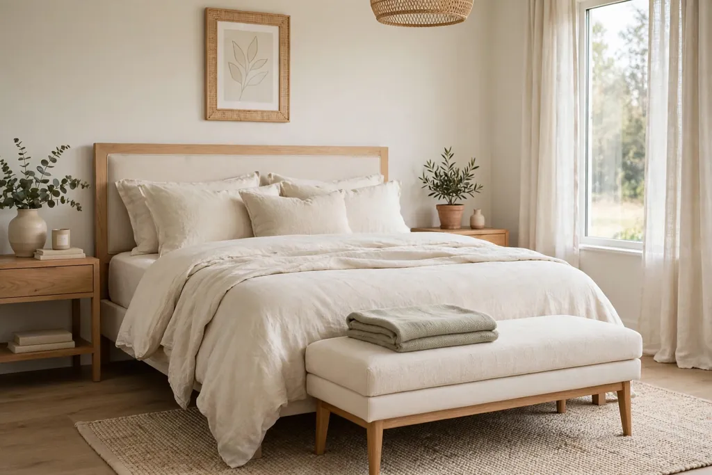 Bedroom with a soft cream upholstered bench at the foot of a bed.