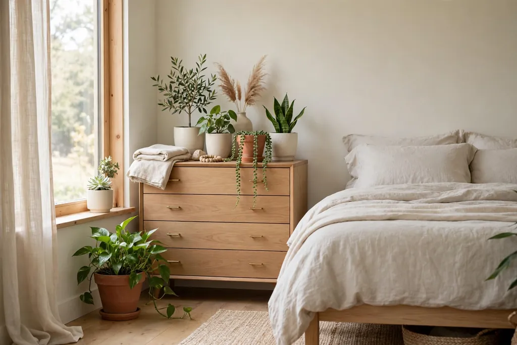 Bedroom with potted indoor plants on a dresser and beside a window.