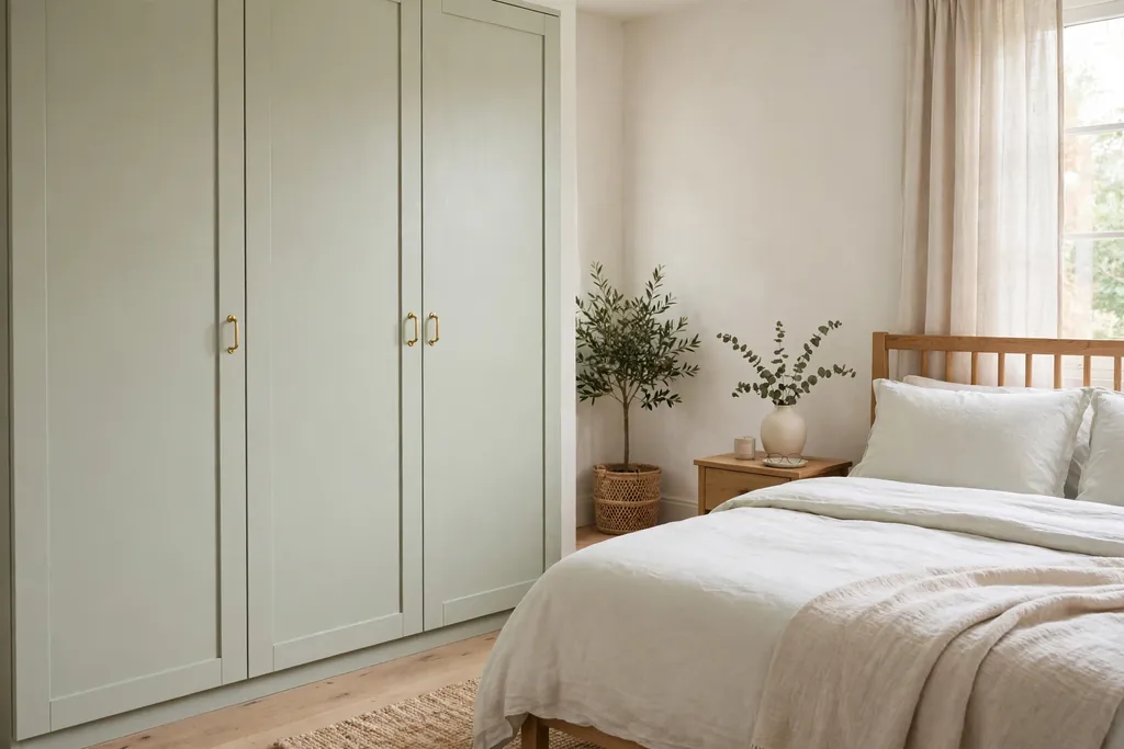 Bedroom wardrobe with freshly painted pale sage doors and brass handles.