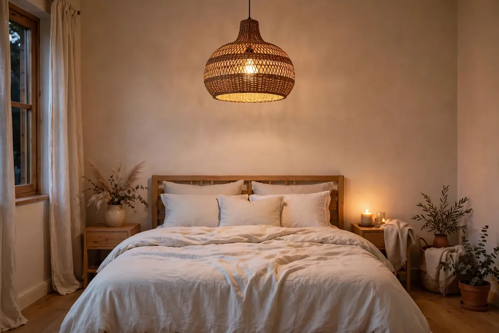 Bedroom with a rattan pendant light hanging above a bed with pale bedding.