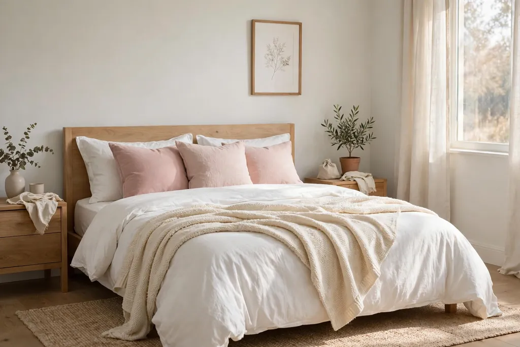 Bedroom with blush cushions and a cream throw on a bed with white bedding.