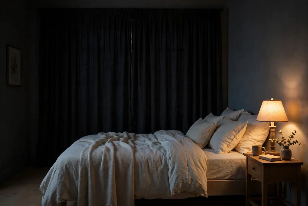 Dark bedroom at night with closed blackout curtains and soft lamplight.