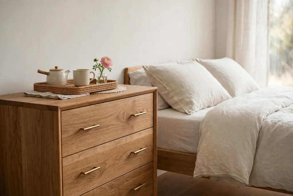 Bedroom dresser with a tea tray holding a teapot, mug, and small vase.