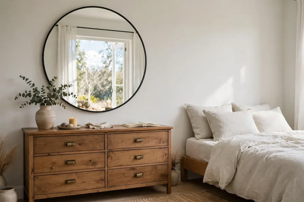 Bedroom with a large round mirror above a dresser reflecting a window.