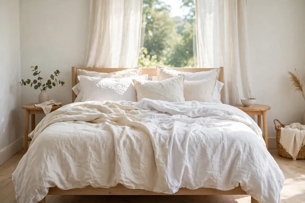 Bed with light summer linen bedding in white and cream.