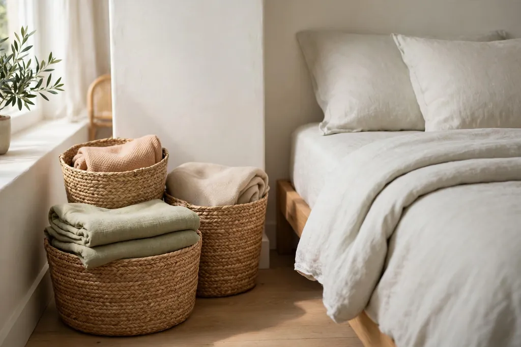 Bedroom corner with woven seagrass baskets holding throws beside a bed.