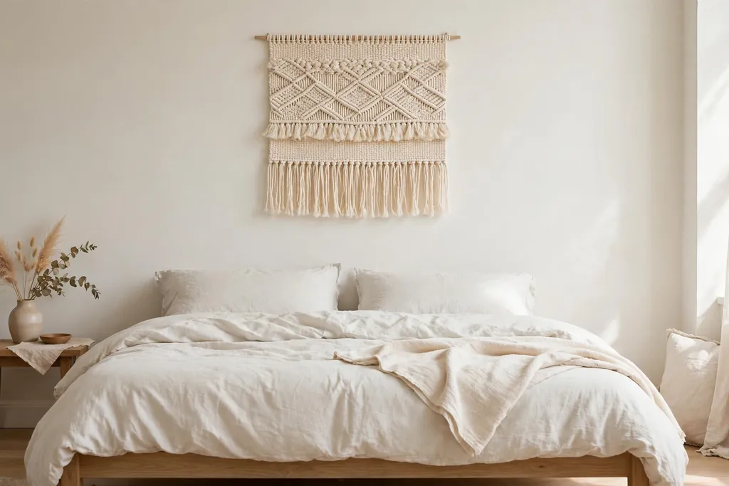 Bedroom bed wall with a soft cream woven wall hanging above a bed.
