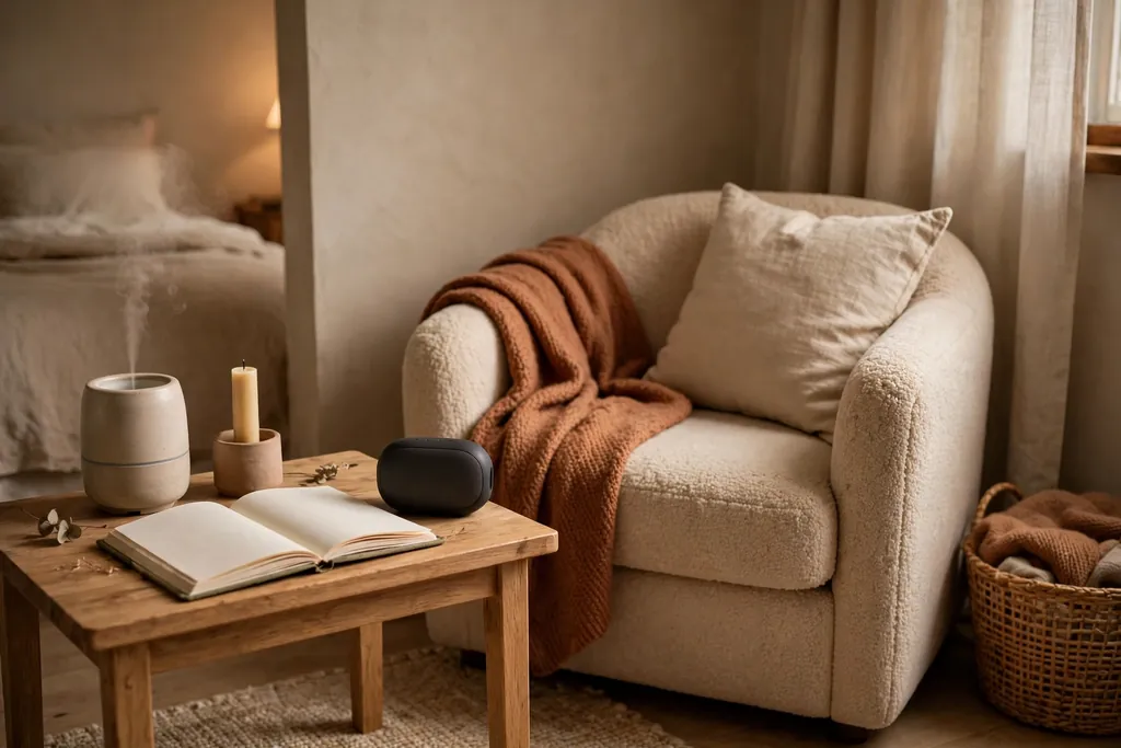 Bedroom wind down corner with a diffuser, candle, journal, and small speaker.